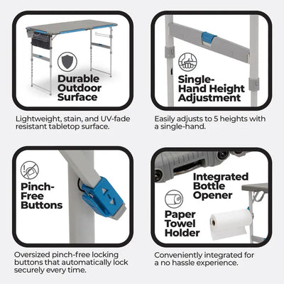 Core Equipment 4 Foot Outdoor Table with FlexRail — dimensions graphic around 50 x 26 in and 8 height settings.