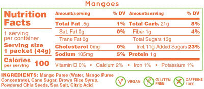 Nutrition facts and ingredients for Huma Chia Energy Gel - Mangoes - 42g, highlighting natural ingredients and dietary information.