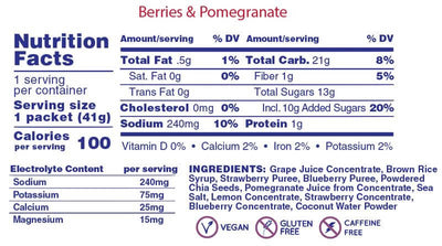 Nutrition facts and ingredients of Huma Chia Energy Gel Plus - Berries & Pomegranate, including calories, electrolytes, and vegan information.