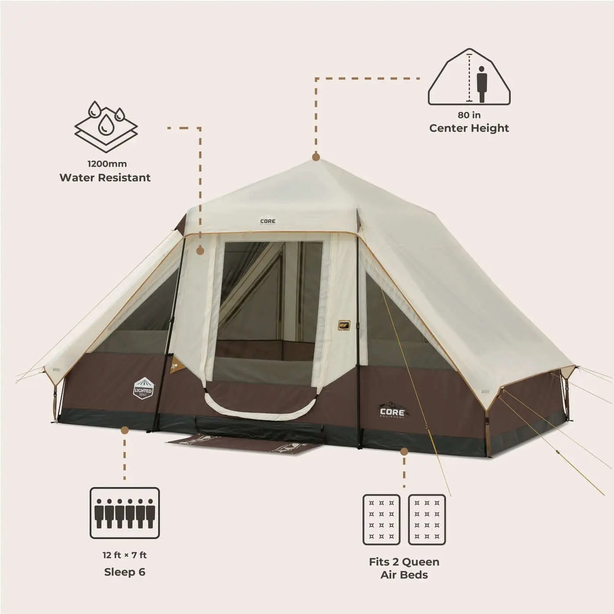 6 Person Lighted Instant Pyramid Tent - 12' x 7' with water resistance and tall center height for group camping.