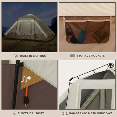 6 Person Lighted Instant Pyramid Tent - 12' x 7' features built-in lighting, storage pockets, electrical port, and panoramic mesh windows.