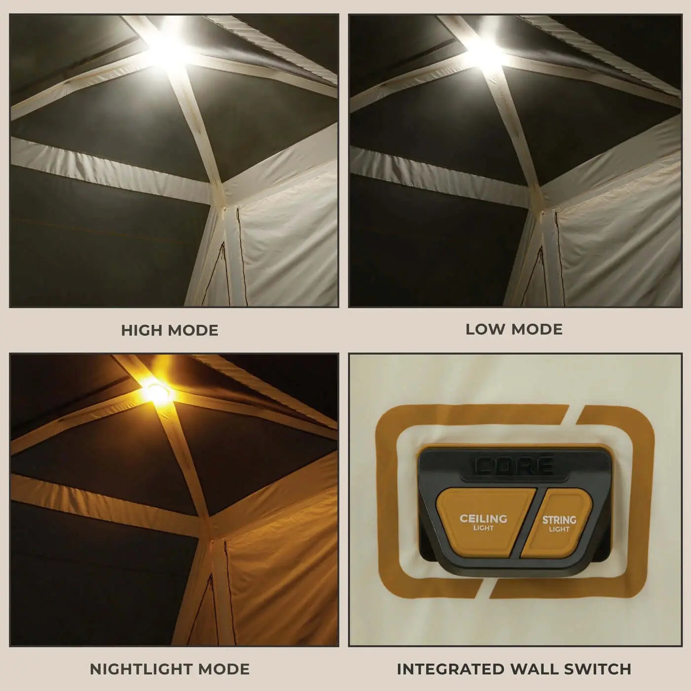 6 Person Lighted Instant Pyramid Tent - 12' x 7' showing built-in lighting modes and integrated wall switch.