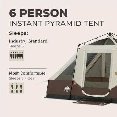 6 Person Lighted Instant Pyramid Tent - 12' x 7' with sleeping capacity details and features highlighted.