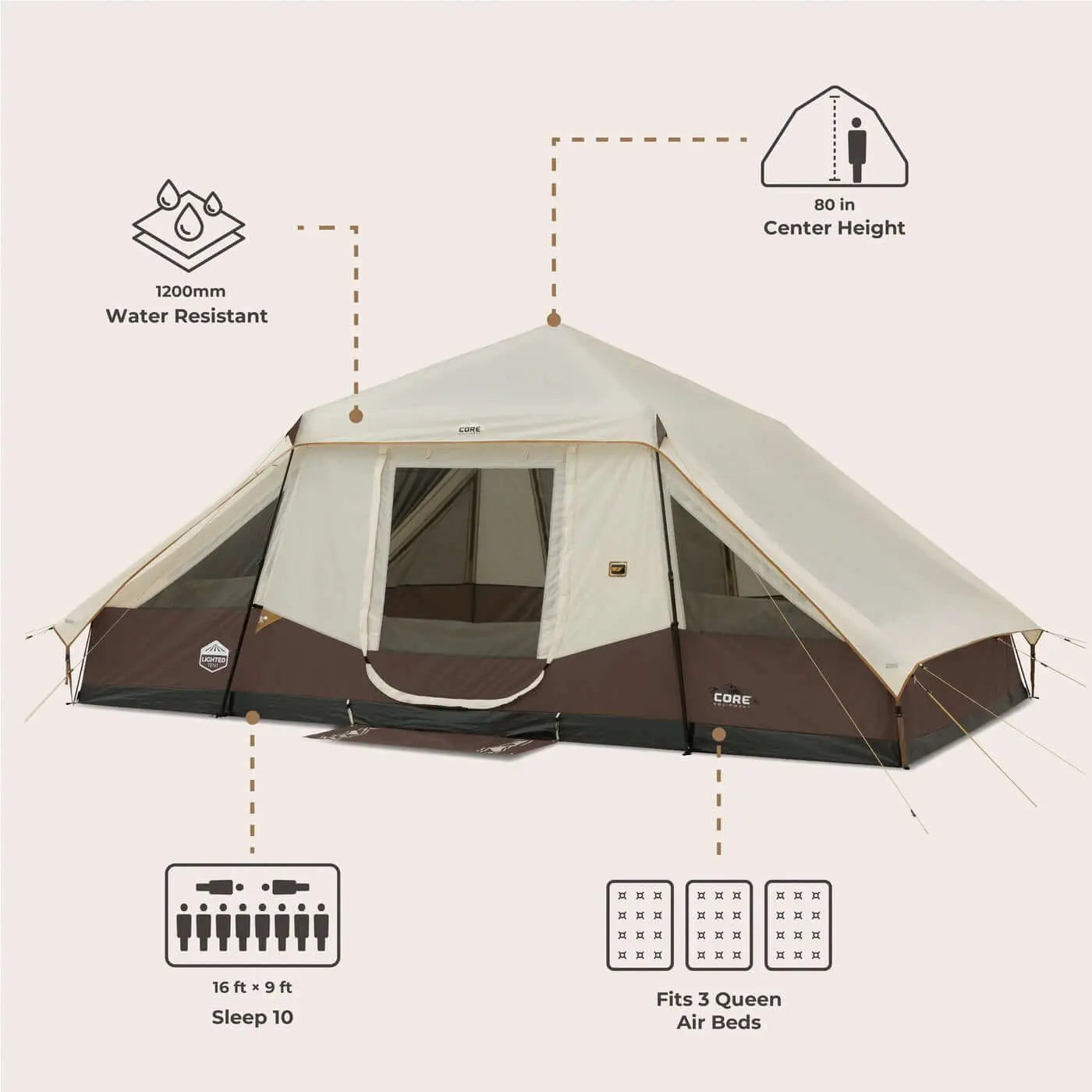CORE 10 Person Lighted Instant Pyramid Tent - 16' x 9' with water resistance and spacious interior for group camping.