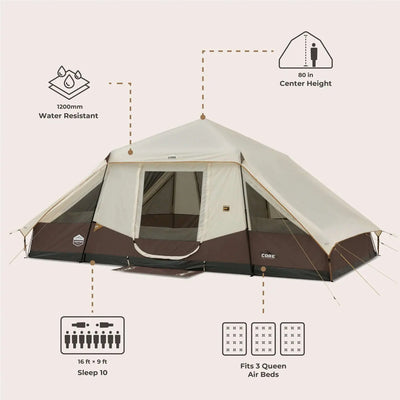 CORE 10 Person Lighted Instant Pyramid Tent - 16' x 9' with water resistance and spacious interior for group camping.