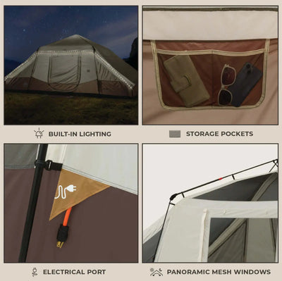 10 Person Lighted Instant Pyramid Tent - 16' x 9' features built-in lighting, storage pockets, electrical port, and mesh windows.