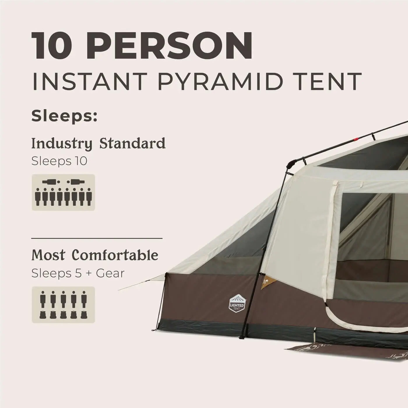 10 Person Lighted Instant Pyramid Tent - 16' x 9' displaying sleeping capacity and comfort information.