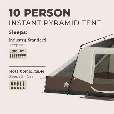 10 Person Lighted Instant Pyramid Tent - 16' x 9' displaying sleeping capacity and comfort information.