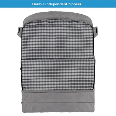 Core Equipment 40 Degree Double Cool Climate queen sleeping bag with double independent zippers, checkered pattern.