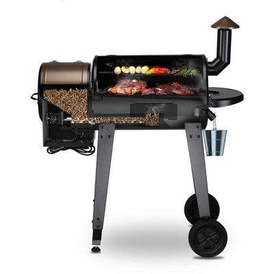 Z Grills Wood Pellet Grill and Smoker 450A showcasing grilled meats and vegetables with wood pellets on display.