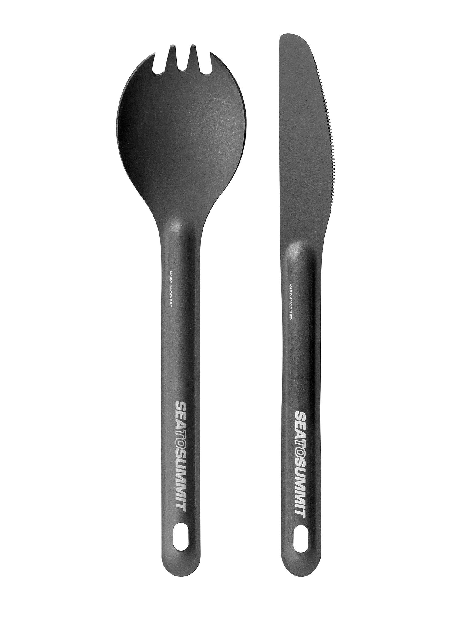 Sea to Summit Alpha Light Spork and Knife Set in lightweight anodized aluminum for camping and backpacking.