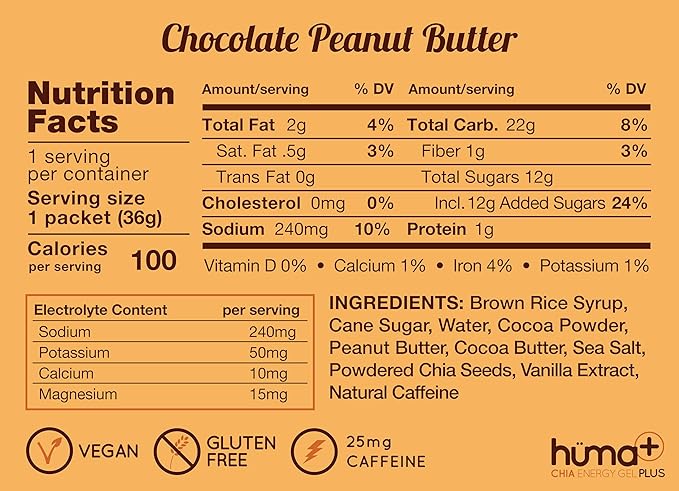 Huma Chia Energy Gel Plus - Peanut Butter & Chocolate nutritional facts
