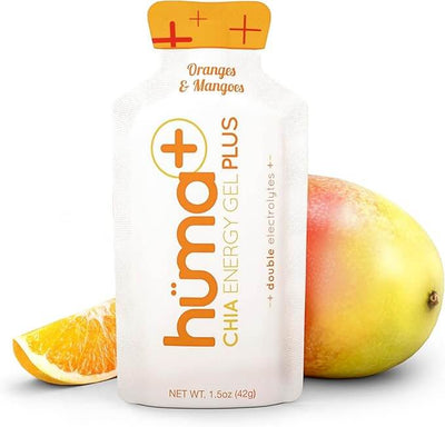 Huma Chia Energy Gel Plus - Orange & Mango pack with fresh orange and mango, 42g, natural fuel for outdoor activities.