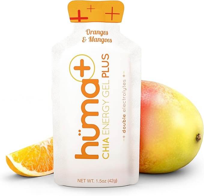 Huma Chia Energy Gel Plus - Orange & Mango pack with fresh orange and mango, 42g, natural fuel for outdoor activities.