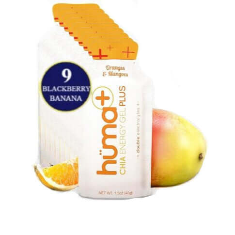 Huma Chia Energy Gel Plus - Orange & Mango 42g pack with fresh orange and mango fruits