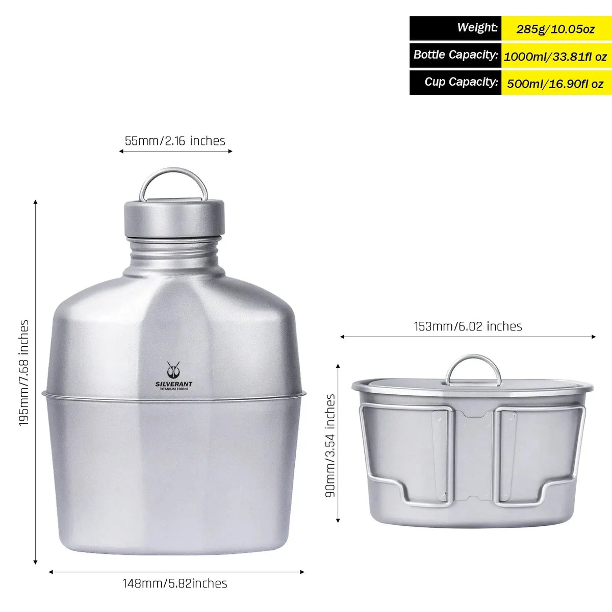 SilverAnt Titanium Canteen Military Mess Kit front profile view with nesting cup