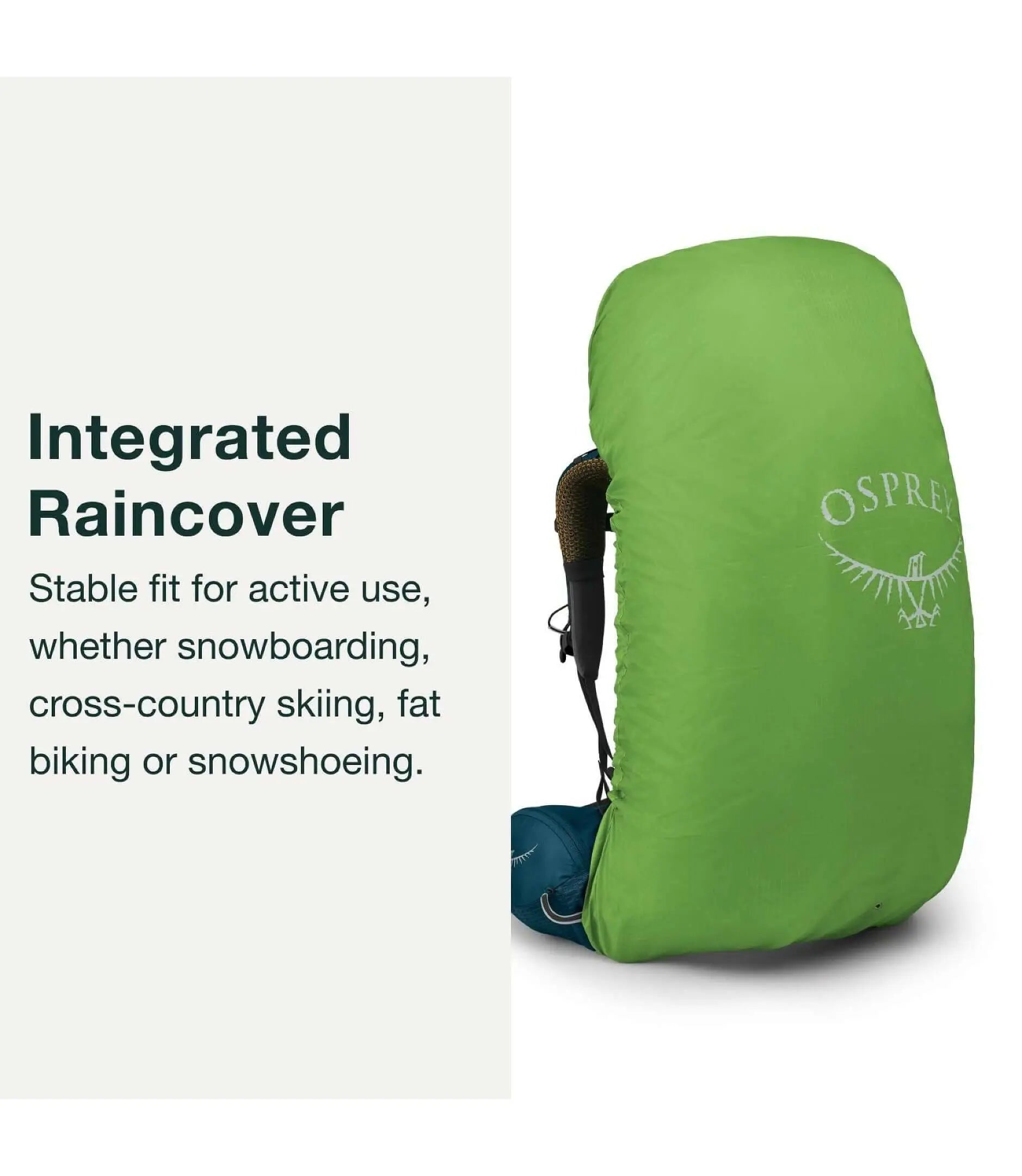 Osprey Atmos AG 65 - Men hiking backpack with integrated raincover, ideal for snowboarding, skiing, and outdoor adventures.