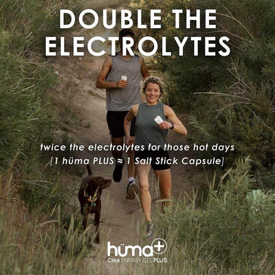 Huma Chia Energy Gel Plus - Lemons and Limes promoting double the electrolytes with runners in outdoor setting