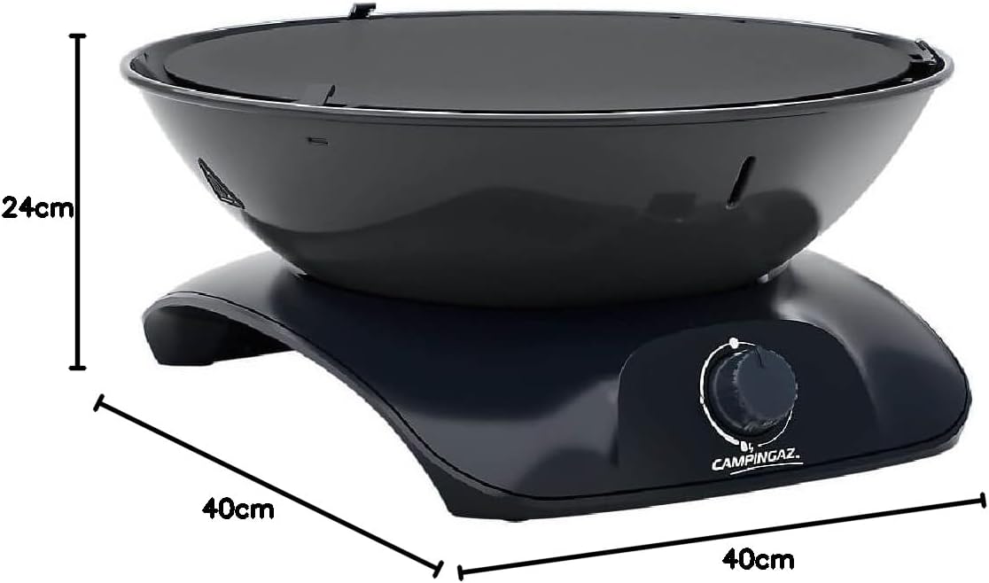 Campingaz 360 Grill Stove CV Anthracite with dimensions 40cm x 40cm x 24cm, featuring a unique circular tabletop design for versatile cooking.