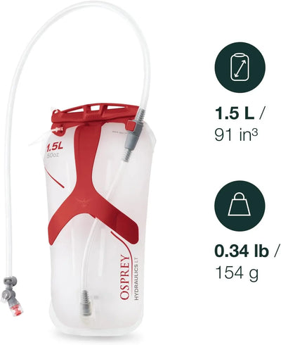 Osprey Hydraulics LT 1.5 L Reservoir with hose, showing capacity and weight markings.