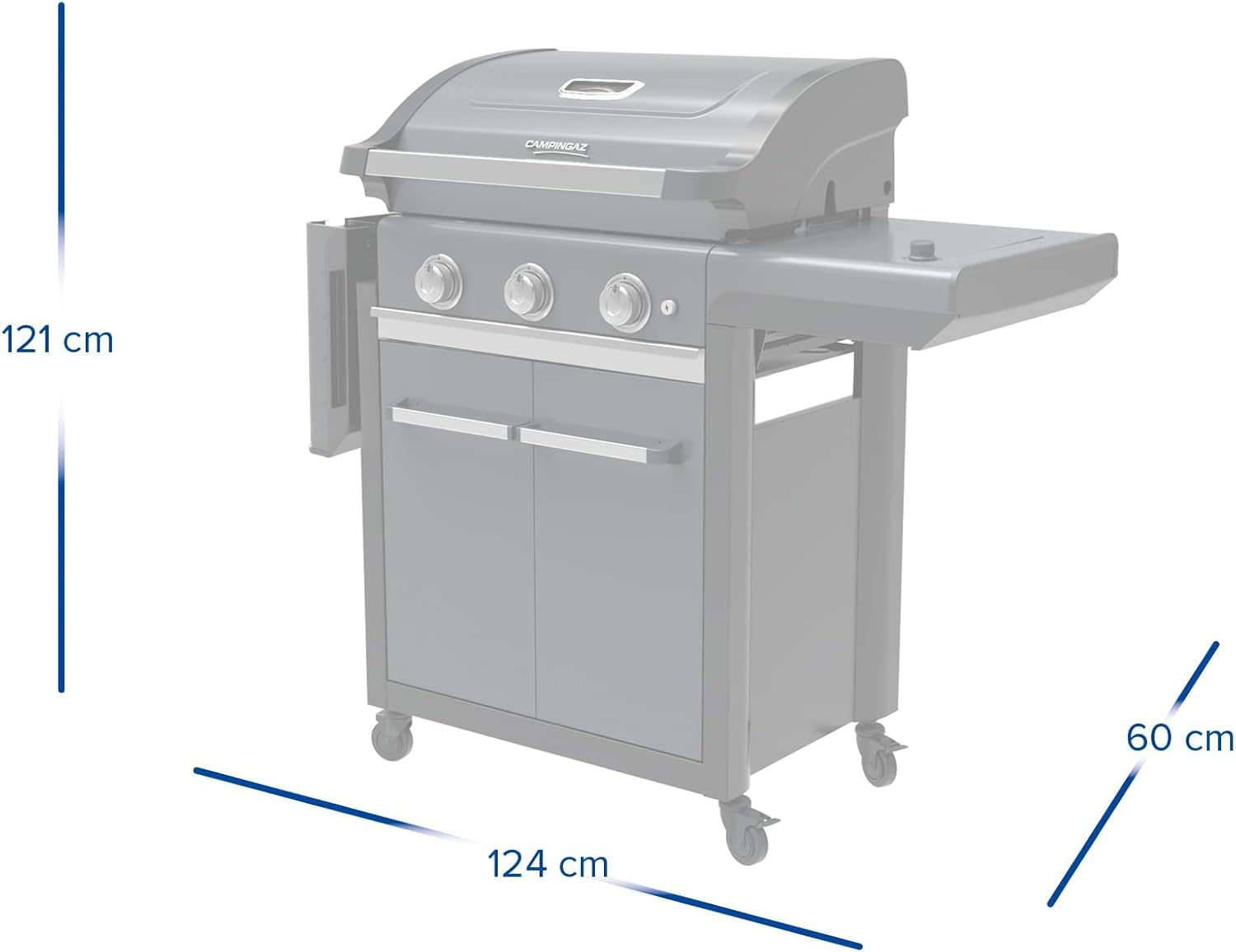 Campingaz 3 Series Premium S Gas Grill with measurements; ideal for outdoor cooking.