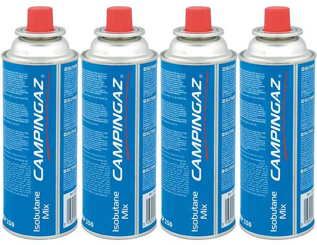 Campingaz CP250 Isobutane Cartridge 4 Pack for outdoor stoves, reliable fuel source for efficient cooking during camping.
