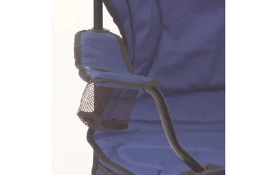 Close-up of Coleman Cooler Quad Chair armrest with built-in cooler and mesh pocket in blue color.