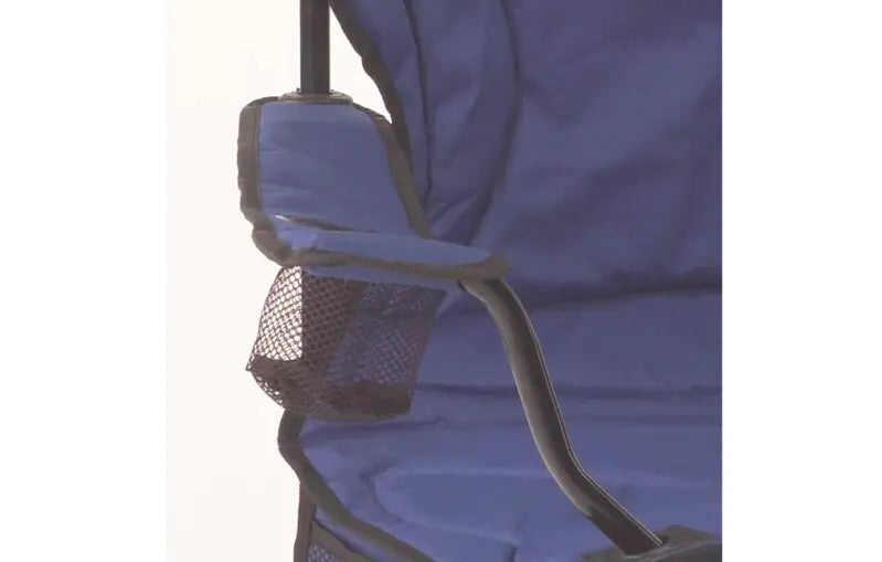 Close-up of Coleman Cooler Quad Chair armrest with built-in cooler and mesh pocket in blue color.