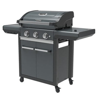 Campingaz 3 Series Premium S Gas Grill with three burners and storage cabinet.