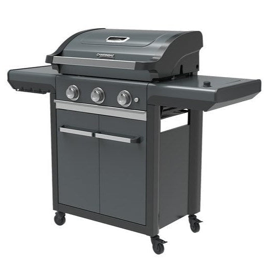 Campingaz 3 Series Premium S Gas Grill with three burners and storage cabinet.