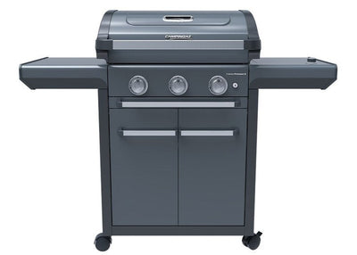 Campingaz 3 Series Premium S Gas Grill with three burners and side tables for outdoor cooking.