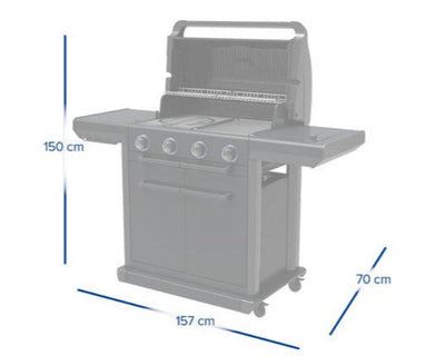 Dimensions of Campingaz 4 Series Onyx S Outdoor Gas BBQ Grill: 150 cm height, 157 cm width, 70 cm depth.