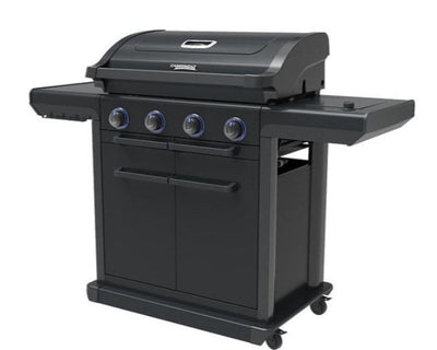 Campingaz 4 Series Onyx S Outdoor Gas BBQ Grill with sleek black design and four burners, ideal for backyard gatherings.