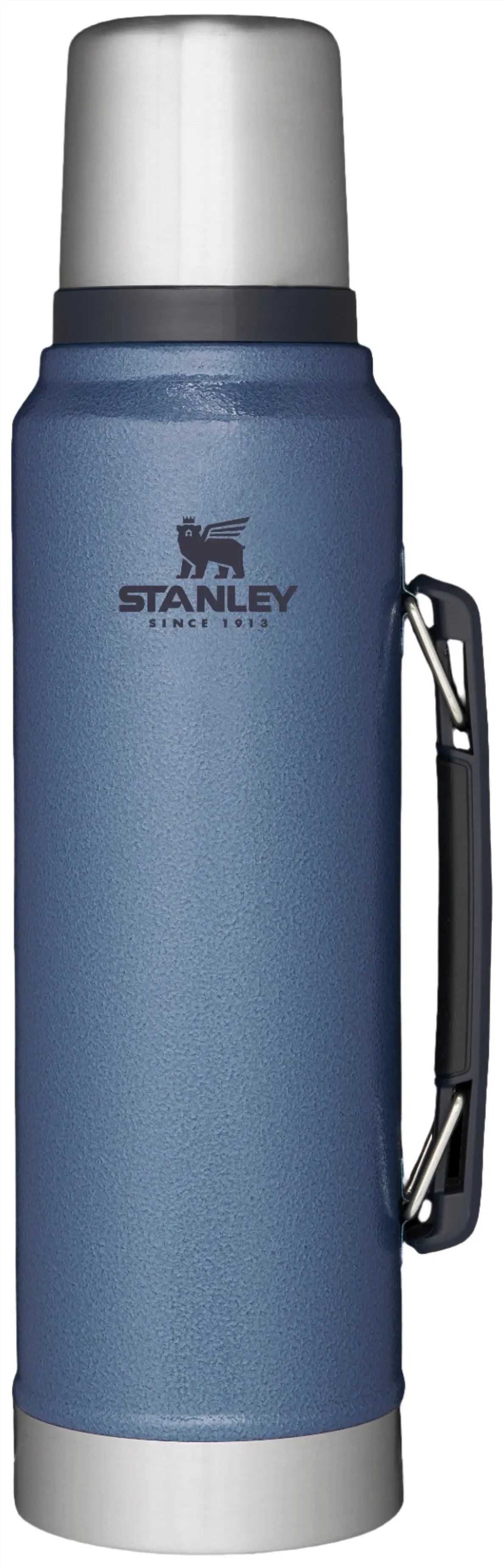 Stanley Classic Legendary Bottle Vacuum Flask 34 oz shown in blue with sturdy handle and classic design.