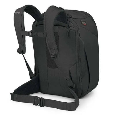 Osprey Sojourn Porter 30L Travel Backpack in Black showcasing adjustable straps and ergonomic design