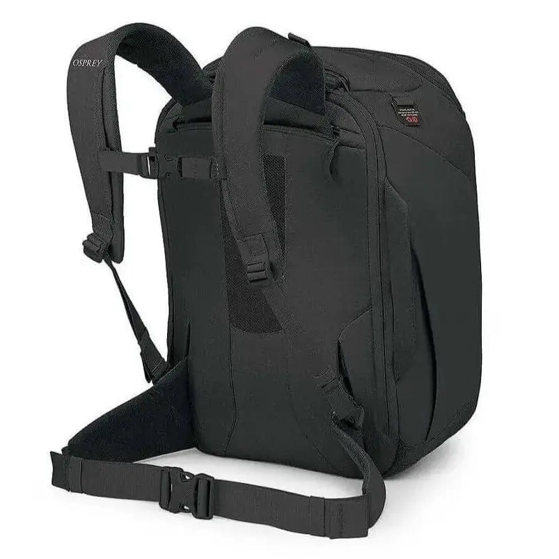 Osprey Sojourn Porter 30L Travel Backpack in Black showcasing adjustable straps and ergonomic design