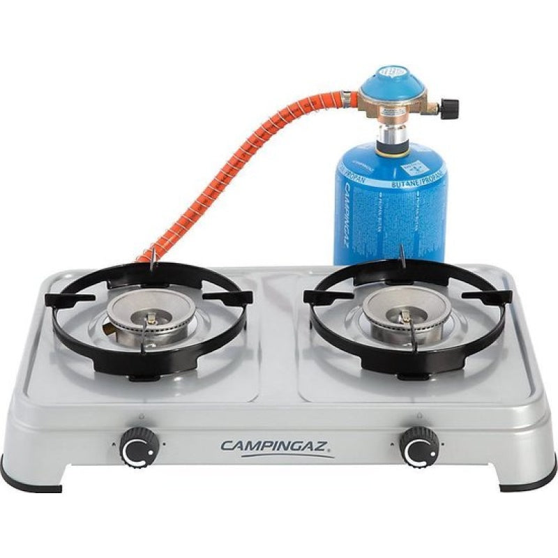 Campingaz Camping Cook CV portable stove with dual burners and gas canister for outdoor cooking.