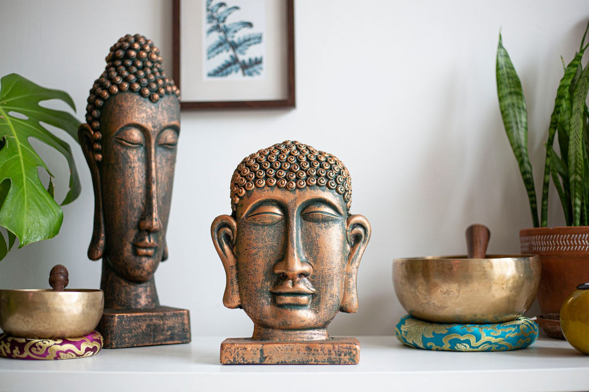 La Hacienda Male Buddha Head on Base Bronze Small - Shop Garden Decor at Trekaline