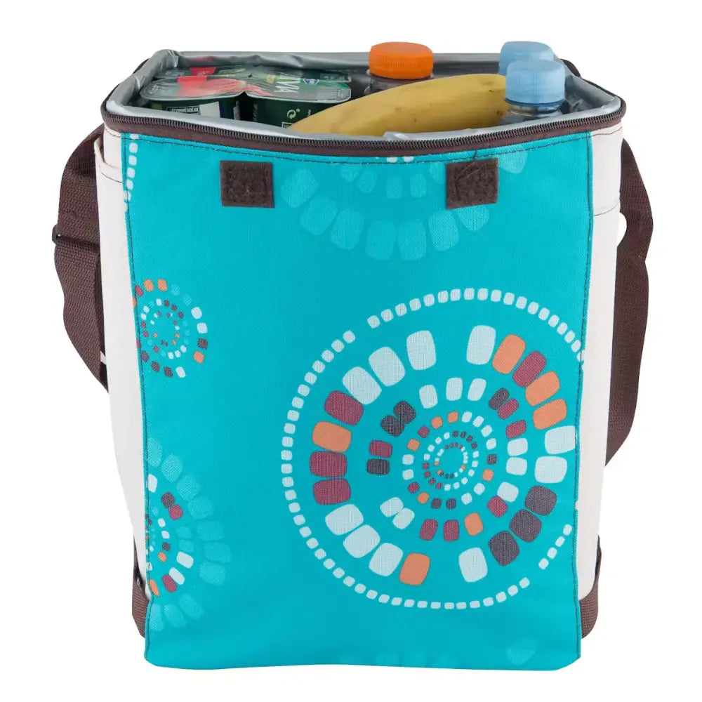 Campingaz Ethnic MiniMaxi 19L Soft Cooler Bag with vibrant design and packed with items, ideal for outdoor cooling needs.
