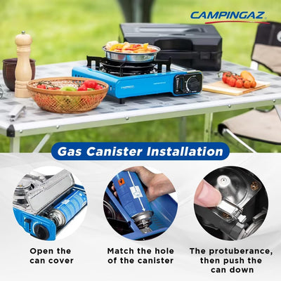Gas canister installation guide for Campingaz Bistro 2 Portable Camp Stove on a picnic table with food preparation setup.