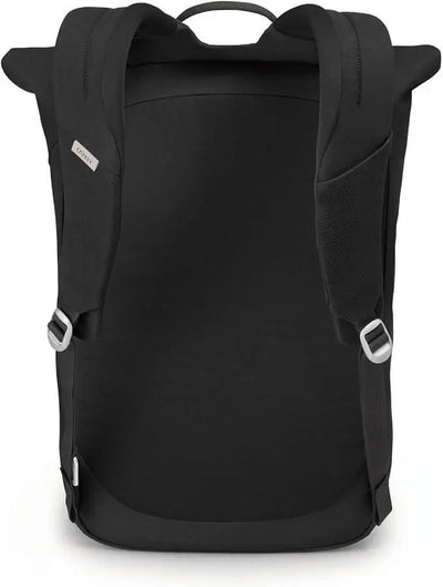 Osprey Arcane Roll Top black backpack with recycled fabric, featuring modern hardware and comfortable straps for daily use.