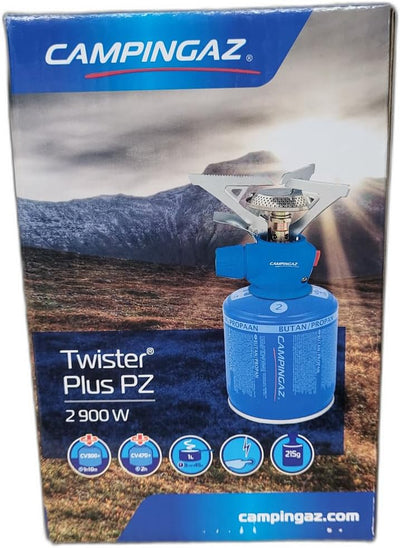 Campingaz Twister Plus PZ Stove packaging showcasing the compact, single-burner unit for outdoor adventures.