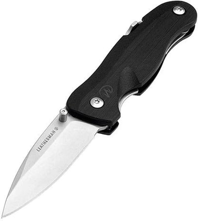 Leatherman C33 folding pocket knife with a sleek black handle and sharp stainless steel blade.