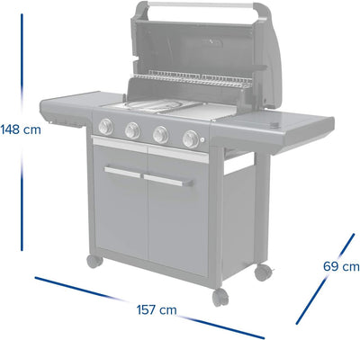 Campingaz 3 Series Premium S Gas Grill with open lid and measurements: 148 cm height, 157 cm width, 69 cm depth.