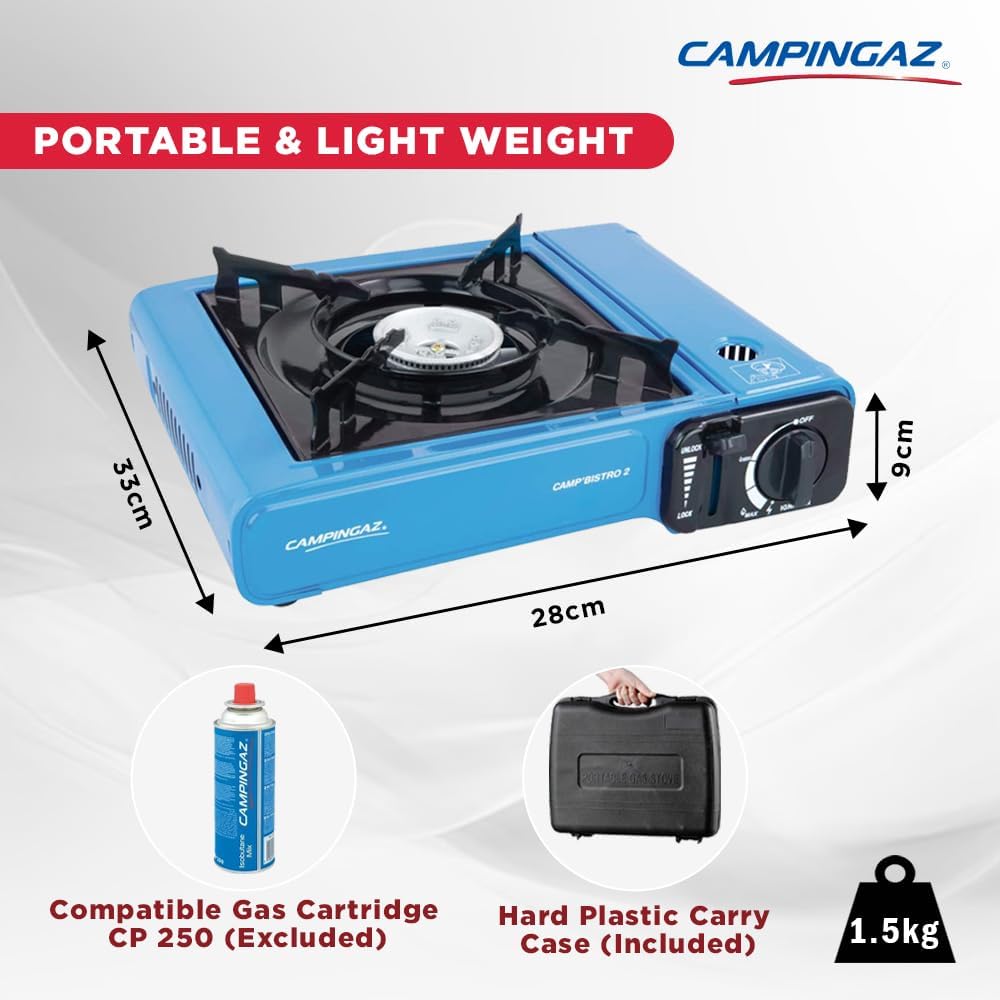 Campingaz Bistro 2 Portable Camp Stove with dimensions and features including gas cartridge and carry case.