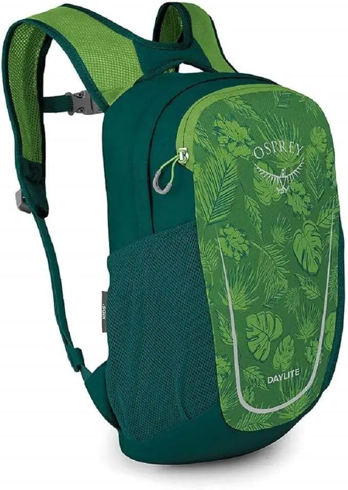 Osprey Daylite Jr. - Kids backpack with green tropical design, dual mesh pockets, and built-in whistle, ideal for everyday use.