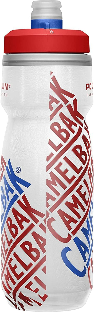 CamelBak Podium Chill Bike Bottle - 21 oz / 620 ml insulated water bottle with red lid and high flow valve.