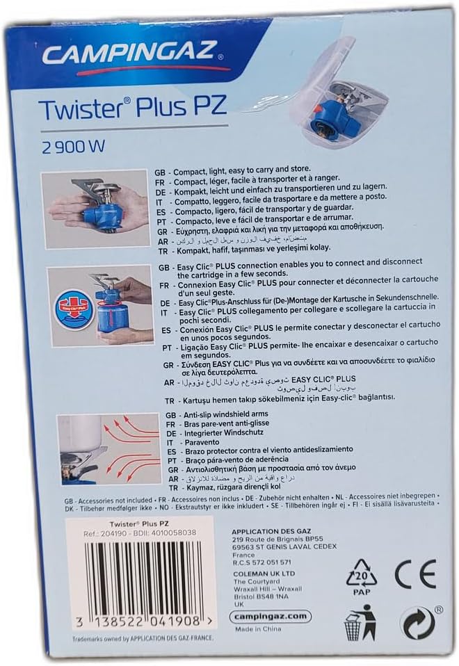Back view of Campingaz Twister Plus PZ Stove packaging showing features and instructions.