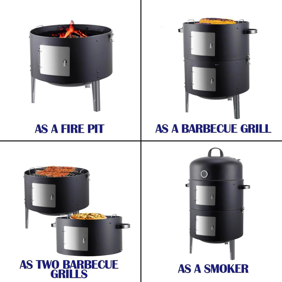 Cooking grates inside the Realcook 17-Inch BBQ Vertical Steel Charcoal Smoker loaded with food