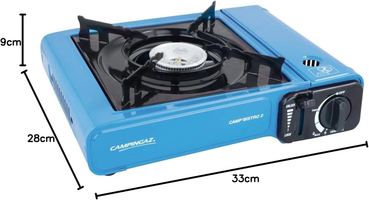 Campingaz Bistro 2 Portable Camp Stove with dimensions 33cm x 28cm x 9cm, ideal for outdoor cooking and camping.
